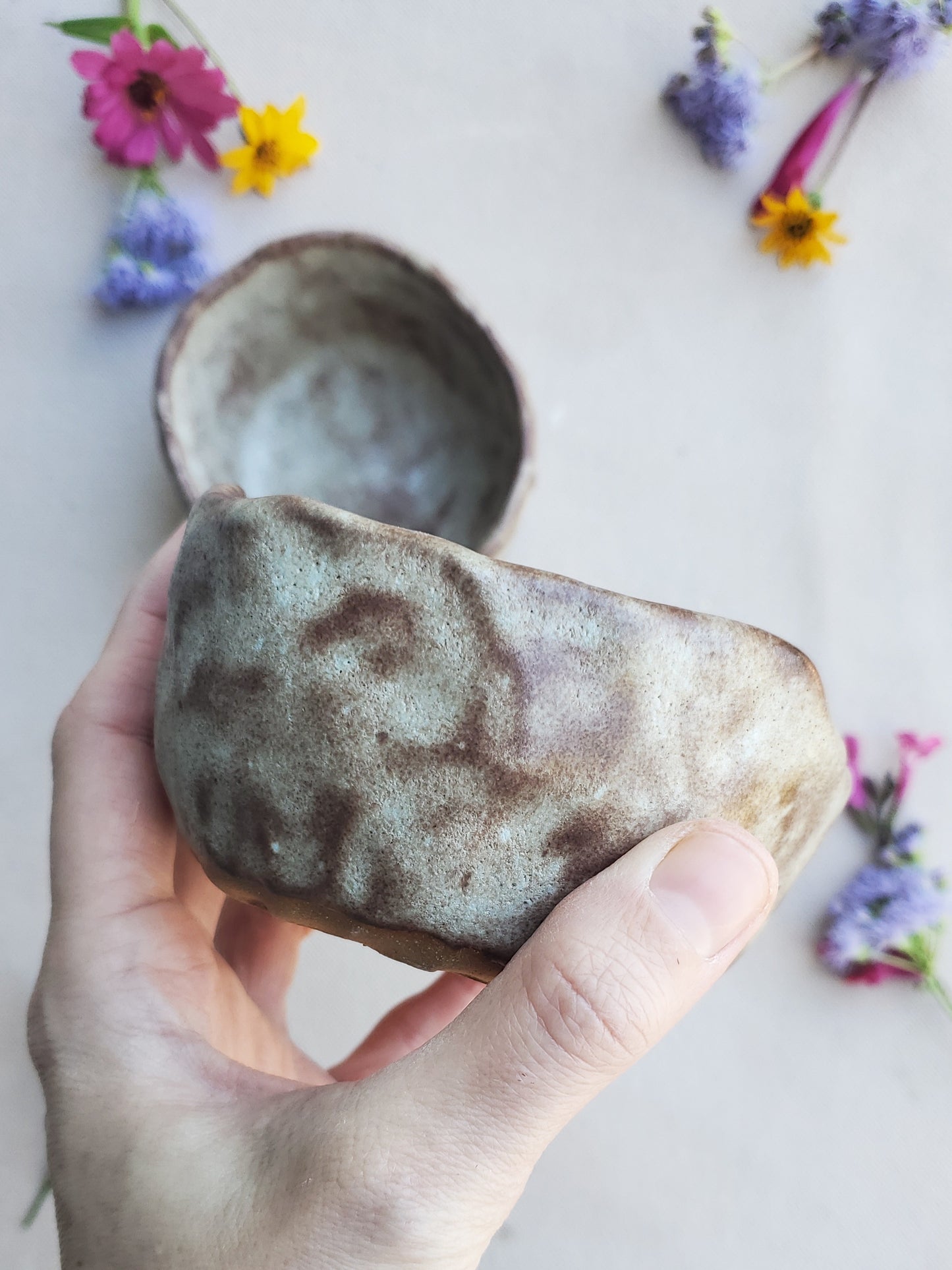 Pinch pot bowl set in Sandstone Shino