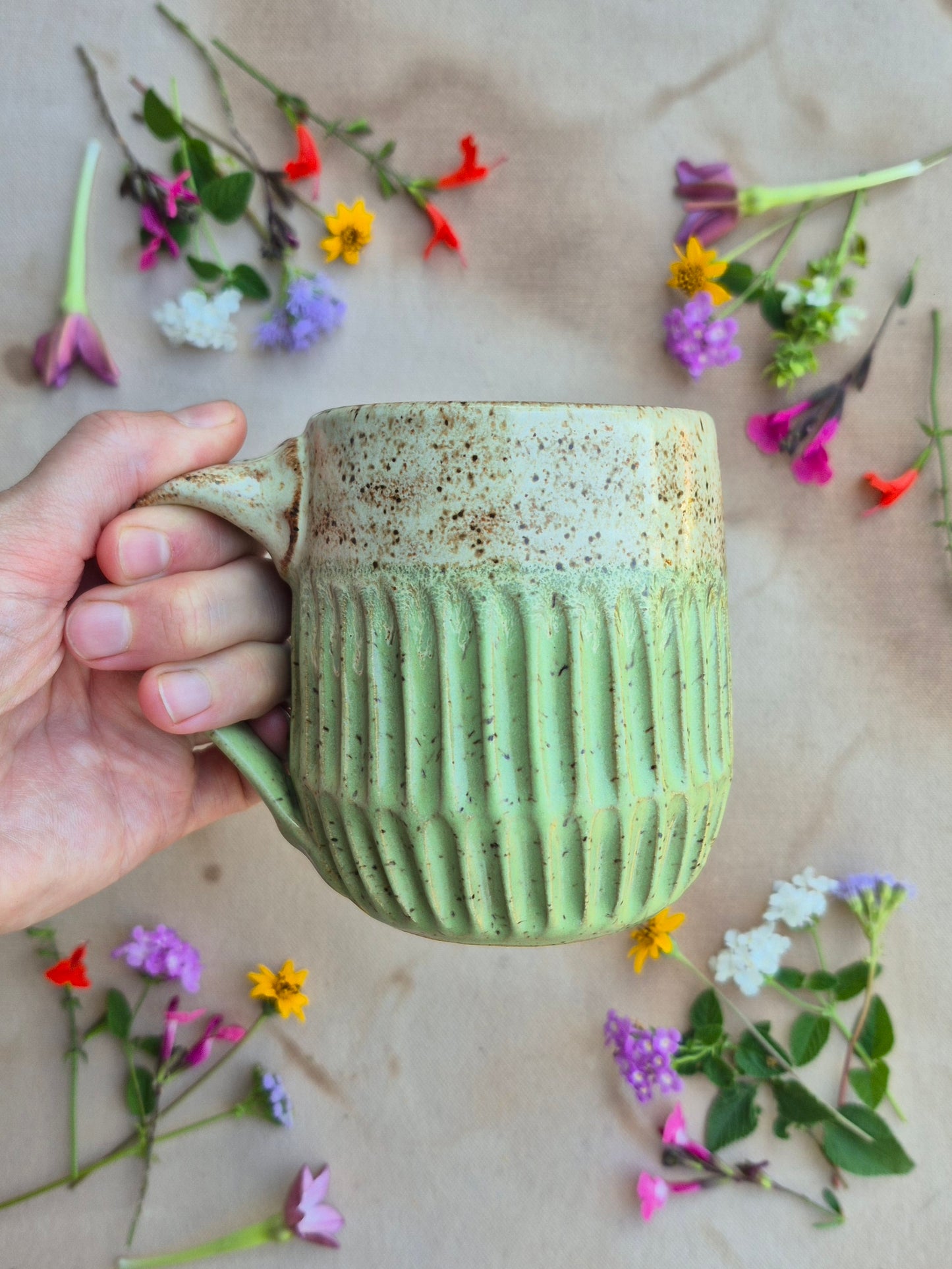 Carved Speckled Clay in Honeydew Shino