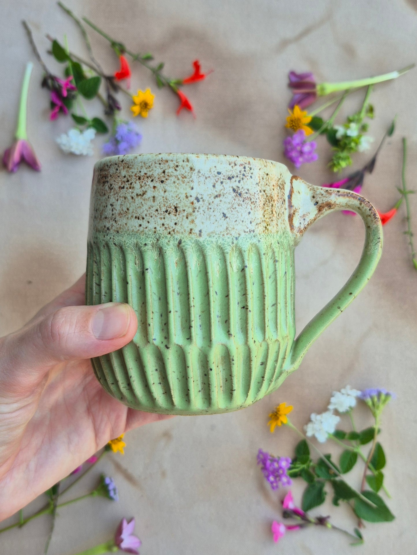 Carved Speckled Clay in Honeydew Shino