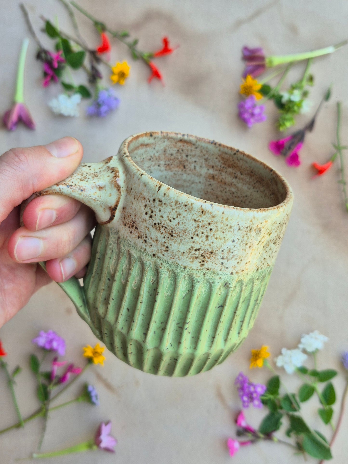 Carved Speckled Clay in Honeydew Shino